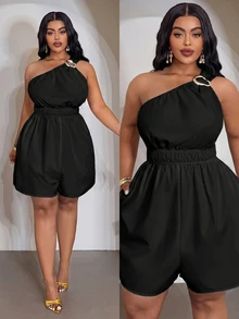 Veslaya Waist Cinched With Pockets Plus Size Short Jumpsuit - A - Black - View 5