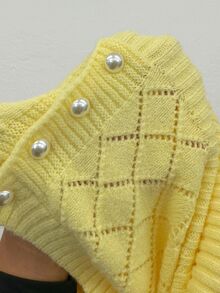 Autumina Sweater Lengan Panjang Wanita Warna Polos dengan Kancing Setengah Plaket dan Desain Berongga, Warna Kuning Pastel, Gaya Musim Gugur, Elegan ala Prancis, Potongan Ramping. - Kuning muda - View 8