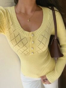 Autumina Sweater Lengan Panjang Wanita Warna Polos dengan Kancing Setengah Plaket dan Desain Berongga, Warna Kuning Pastel, Gaya Musim Gugur, Elegan ala Prancis, Potongan Ramping. - Kuning muda - View 4