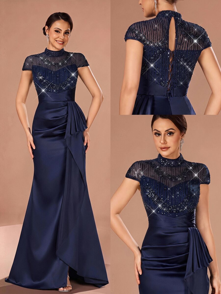 Serin Elegant Formal Classy Navy Blue Satin Sequin Beaded Sheer High Neck Cap Sleeve Mermaid Floor Length Fall Mother Of The Bride Evening Wedding Guest - Navy Blue - View 1