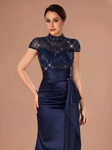 Serin Elegant Formal Classy Navy Blue Satin Sequin Beaded Sheer High Neck Cap Sleeve Mermaid Floor Length Fall Mother Of The Bride Evening Wedding Guest - Navy Blue - View 2