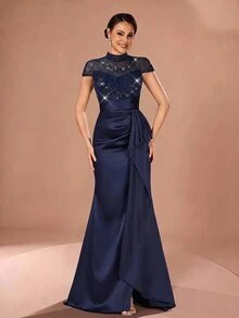 Serin Elegant Formal Classy Navy Blue Satin Sequin Beaded Sheer High Neck Cap Sleeve Mermaid Floor Length Fall Mother Of The Bride Evening Wedding Guest - Navy Blue - View 3