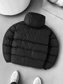 Manfinity Homme Men's Letter Print Long Sleeve Zip-Up Hooded Winter Puffer Coat - Black - View 2