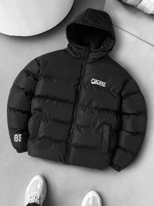 Manfinity Homme Men's Letter Print Long Sleeve Zip-Up Hooded Winter Puffer Coat - Black - View 1