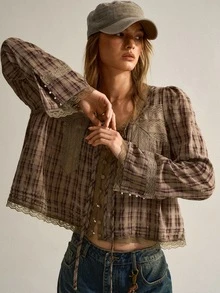 SHEIN Women's Plaid Lace Patchwork Button Tie Front Blouse - Coffee Brown - View 7