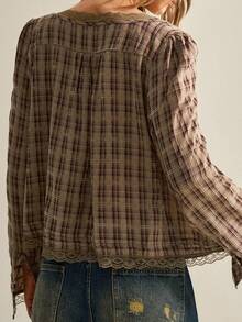 SHEIN Women's Plaid Lace Patchwork Button Tie Front Blouse - Coffee Brown - View 3