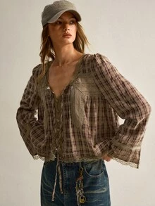 SHEIN Women's Plaid Lace Patchwork Button Tie Front Blouse - Coffee Brown - View 1