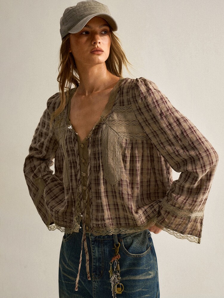 SHEIN Women's Plaid Lace Patchwork Button Tie Front Blouse - Coffee Brown - View 1