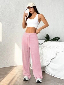 Velisys Velisys Sporty Bow Straight Leg Solid Color Long Pants - Pink - View 3