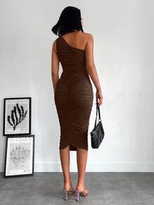 EURMUSE Women's Elegant Solid Color Midi Dress - Brown - View 2