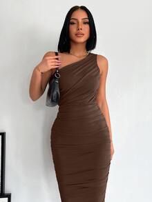 EURMUSE Women's Elegant Solid Color Midi Dress - Brown - View 5