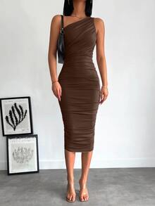 EURMUSE Women's Elegant Solid Color Midi Dress - Brown - View 3