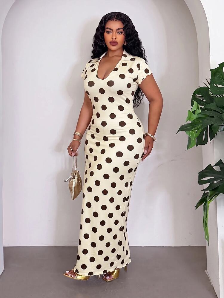 Slaydiva Gaun Kasual Harian Musim Panas untuk Wanita Ukuran Besar Motif Polkadot untuk Bepergian - MultiWarna - View 5