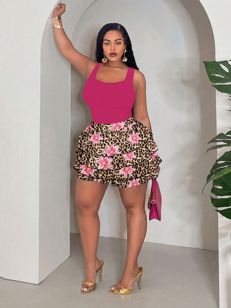 Slaydiva Bộ 2 món thời trang nữ size lớn gồm áo tank top trơn và chân váy xếp tầng họa tiết hoa báo - Nhiều màu - Xem 5