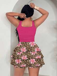 Slaydiva Plus Size Women's Solid Color Tank Top And Floral Leopard Print Tiered Skirt Fashion 2-Piece Set - Multicolor - View 3
