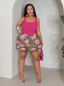 Slaydiva Plus Size Women's Solid Color Tank Top And Floral Leopard Print Tiered Skirt Fashion 2-Piece Set - Multicolor - View 4