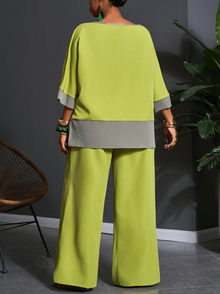 Veslaya Olive Green Summer Plus Size Women's Contrast Color 3/4 Sleeve Top And Wide Leg Pants Set Casual Elegant Vacation Formal Brunch Soft Yellow - Green - View 7