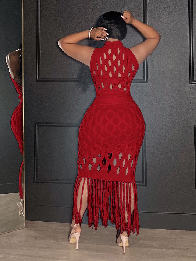 Veslaya Plus Size Hollow Out Turtleneck Sleeveless Top And Fringe Hem Skirt Sweater Set Fall - Red - View 2