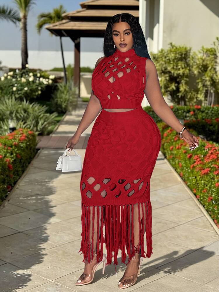 Veslaya Plus Size Hollow Out Turtleneck Sleeveless Top And Fringe Hem Skirt Sweater Set Fall - Red - View 6