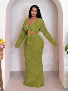 Veslaya Plus Size Women Autumn Vacation Floral Pattern Front Tie Cropped Sweater And Mini Skirt Set Beach Date Night Kelly Green Sexy Tropical - Green - View 5