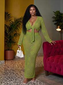 Veslaya Plus Size Women Autumn Vacation Floral Pattern Front Tie Cropped Sweater And Mini Skirt Set Beach Date Night Kelly Green Sexy Tropical - Green - View 1