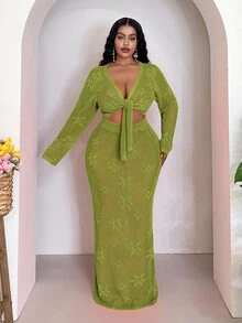Veslaya Plus Size Women Autumn Vacation Floral Pattern Front Tie Cropped Sweater And Mini Skirt Set Beach Date Night Kelly Green Sexy Tropical - Green - View 3