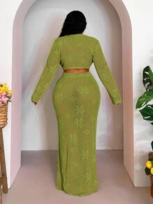 Veslaya Plus Size Women Autumn Vacation Floral Pattern Front Tie Cropped Sweater And Mini Skirt Set Beach Date Night Kelly Green Sexy Tropical - Green - View 2