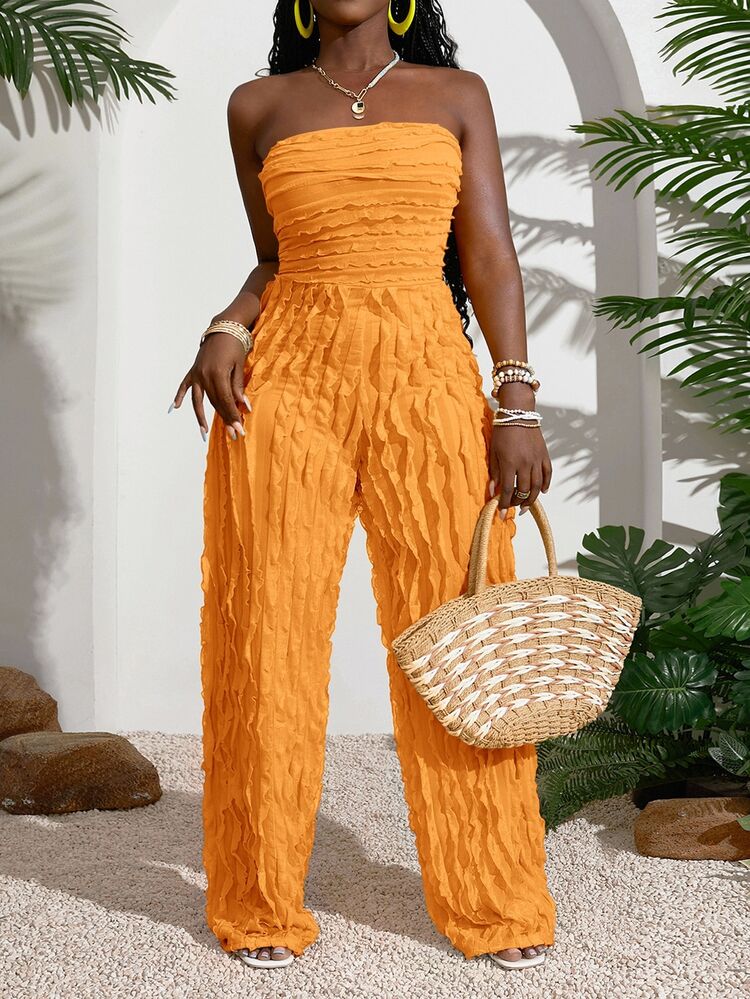 Veslaya Plus Size Strapless Crinkle Texture Jumpsuit For Women Elegant Orange Wide Leg Bodysuit - Orange - View 3