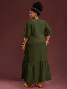 Veslaya Army Green Sommar Holiday Smart Casual Plus Size Women's Vintage V-Neck Puff Sleeve H-Line Ruffle Hem Maxi Dress,Elegant Loose Fit Textured Outfit - Army Green - View 2