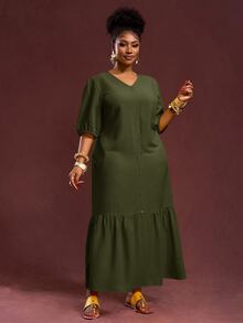 Veslaya Army Green Sommar Holiday Smart Casual Plus Size Women's Vintage V-Neck Puff Sleeve H-Line Ruffle Hem Maxi Dress,Elegant Loose Fit Textured Outfit - Army Green - View 5