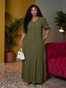 Veslaya Army Green Sommar Holiday Smart Casual Plus Size Women's Vintage V-Neck Puff Sleeve H-Line Ruffle Hem Maxi Dress,Elegant Loose Fit Textured Outfit - Army Green - View 1