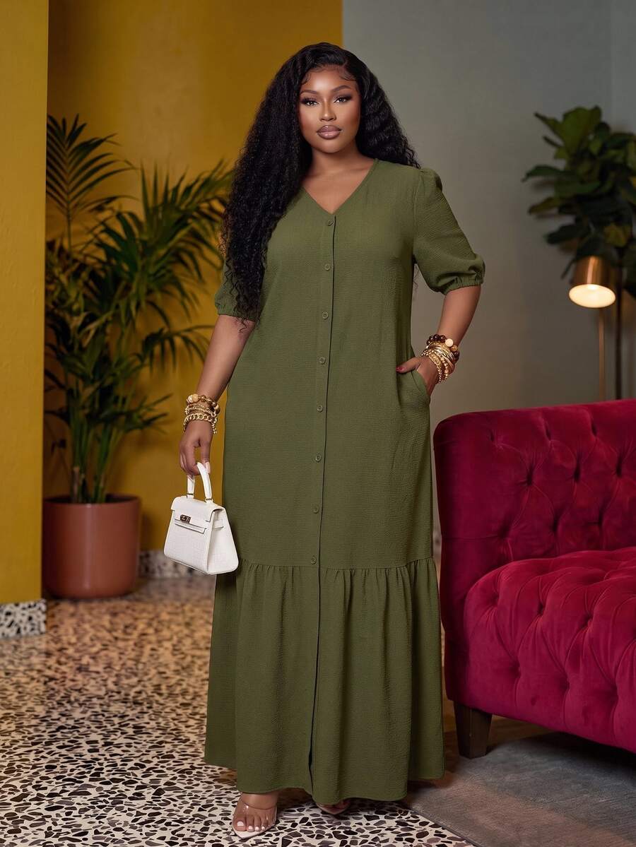 Veslaya Army Green Sommar Holiday Smart Casual Plus Size Women's Vintage V-Neck Puff Sleeve H-Line Ruffle Hem Maxi Dress,Elegant Loose Fit Textured Outfit - Army Green - View 1