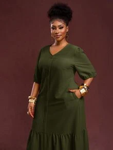 Veslaya Army Green Sommar Holiday Smart Casual Plus Size Women's Vintage V-Neck Puff Sleeve H-Line Ruffle Hem Maxi Dress,Elegant Loose Fit Textured Outfit - Army Green - View 7