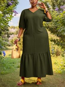 Veslaya Army Green Sommar Holiday Smart Casual Plus Size Women's Vintage V-Neck Puff Sleeve H-Line Ruffle Hem Maxi Dress,Elegant Loose Fit Textured Outfit - Army Green - View 9