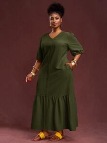 Veslaya Army Green Sommar Holiday Smart Casual Plus Size Women's Vintage V-Neck Puff Sleeve H-Line Ruffle Hem Maxi Dress,Elegant Loose Fit Textured Outfit - Army Green - View 3