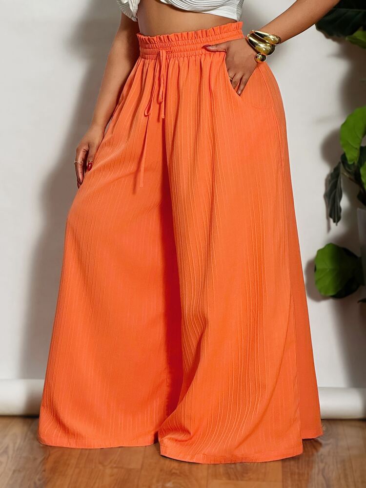 Veslaya Women Plus Size Vacation Textured High Waist Wide Leg Pants Fall - Orange - View 6