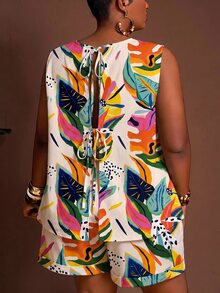Slaydiva Beige Summer Bohemian Tropical Print Y2K Style Plus Size 2 Pieces Set Suitable For Beach, Music Festival, Travel And Daily Wear - Multicolor - View 2
