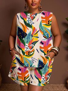 Slaydiva Beige Summer Bohemian Tropical Print Y2K Style Plus Size 2 Pieces Set Suitable For Beach, Music Festival, Travel And Daily Wear - Multicolor - View 5