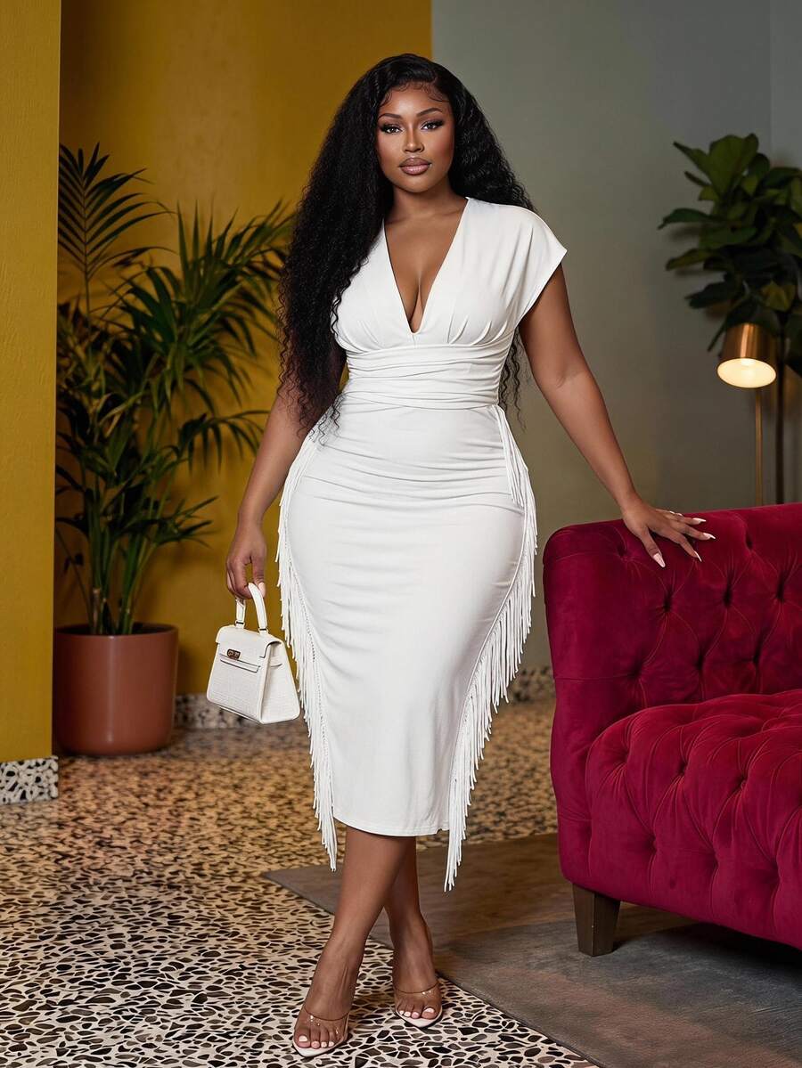 Veslaya Plus Size Party & Elegant Solid Color Slim Fit Deep V-Neck Fringe Patchwork Women's Mid-Length Yellow Dress -E,Graduation Dress - White - View 1