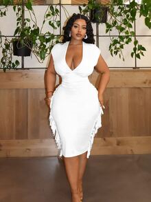 Veslaya Plus Size Party & Elegant Solid Color Slim Fit Deep V-Neck Fringe Patchwork Women's Mid-Length Yellow Dress -E,Graduation Dress - White - View 4