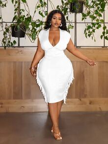 Veslaya Plus Size Party & Elegant Solid Color Slim Fit Deep V-Neck Fringe Patchwork Women's Mid-Length Yellow Dress -E,Graduation Dress - White - View 6