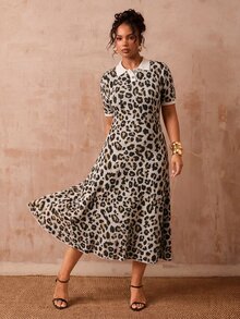 Veslaya 夏季大尺碼女款休閒優雅針織 Polo 領短袖中長洋裝，適合節慶、婚禮、晚宴、正式場合、約會之夜與度假，米色 - 彩色 - 查看 8