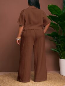Veslaya Spring/Summer New Elegant Commute & Casual & Vacation Loose Solid White Raglan Sleeve Roll-Up Cuff Cargo Pocket Cropped Shirt And Extra Long Wide Leg Pants 2 Pieces Set, Plus Size - A, Summer Outfits - Rust Brown - View 2