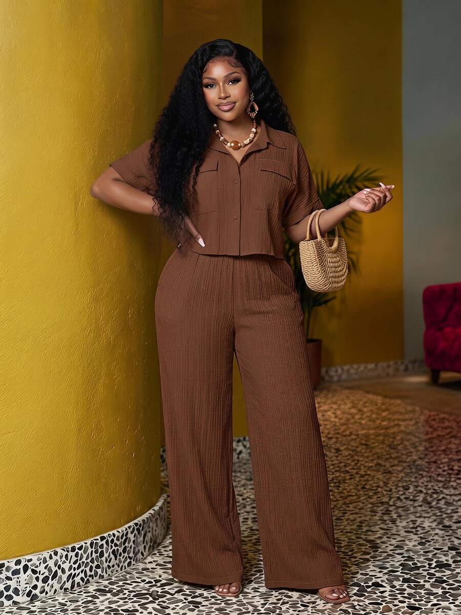 Veslaya Spring/Summer New Elegant Commute & Casual & Vacation Loose Solid White Raglan Sleeve Roll-Up Cuff Cargo Pocket Cropped Shirt And Extra Long Wide Leg Pants 2 Pieces Set, Plus Size - A, Summer Outfits - Rust Brown - View 1