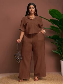 Veslaya Spring/Summer New Elegant Commute & Casual & Vacation Loose Solid White Raglan Sleeve Roll-Up Cuff Cargo Pocket Cropped Shirt And Extra Long Wide Leg Pants 2 Pieces Set, Plus Size - A, Summer Outfits - Rust Brown - View 6