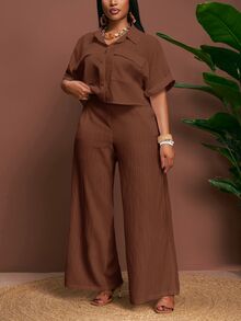 Veslaya Spring/Summer New Elegant Commute & Casual & Vacation Loose Solid White Raglan Sleeve Roll-Up Cuff Cargo Pocket Cropped Shirt And Extra Long Wide Leg Pants 2 Pieces Set, Plus Size - A, Summer Outfits - Rust Brown - View 3