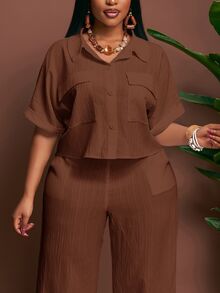 Veslaya Spring/Summer New Elegant Commute & Casual & Vacation Loose Solid White Raglan Sleeve Roll-Up Cuff Cargo Pocket Cropped Shirt And Extra Long Wide Leg Pants 2 Pieces Set, Plus Size - A, Summer Outfits - Rust Brown - View 7