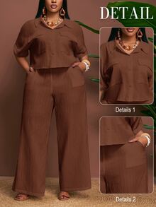 Veslaya Spring/Summer New Elegant Commute & Casual & Vacation Loose Solid White Raglan Sleeve Roll-Up Cuff Cargo Pocket Cropped Shirt And Extra Long Wide Leg Pants 2 Pieces Set, Plus Size - A, Summer Outfits - Rust Brown - View 8