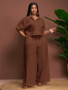 Veslaya Spring/Summer New Elegant Commute & Casual & Vacation Loose Solid White Raglan Sleeve Roll-Up Cuff Cargo Pocket Cropped Shirt And Extra Long Wide Leg Pants 2 Pieces Set, Plus Size - A, Summer Outfits - Rust Brown - View 4