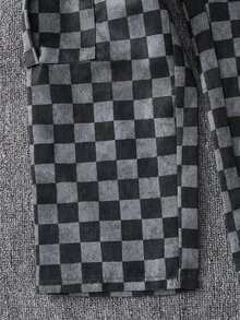 SHEIN 兒童青少年男孩黑白棋盤格彈性腰休閒長褲，男孩長褲，棋盤格長褲 - 彩色 - 查看 5